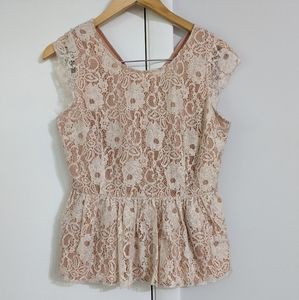 MAEVE Blush Pink Ivory Lace Short Sleeve Peplum Blouse Shirt Top Size Small